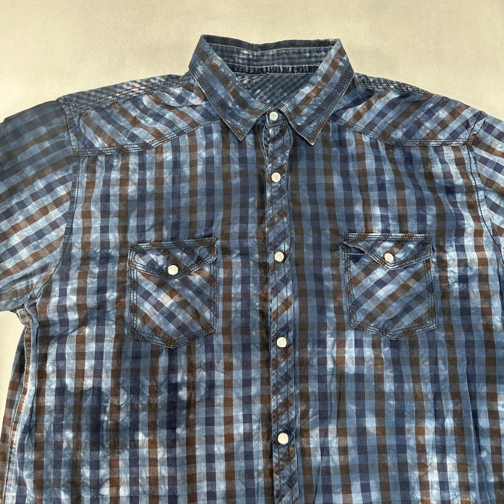 Pronto Uomo Blue Shirt Men's 2XL‎ Blue Plaid Western Pearl Snap Long Sleeve Prep